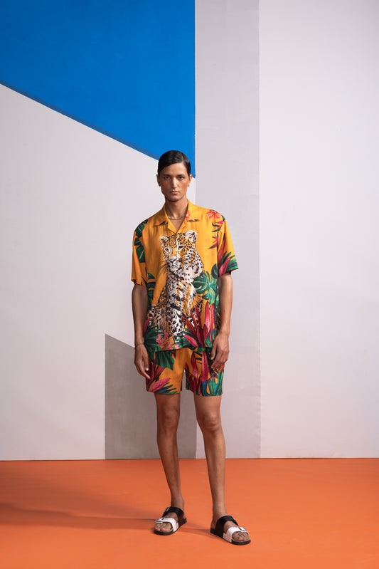 FERAL FLORA MUSTARD POLO SHIRT WITH SHORTS