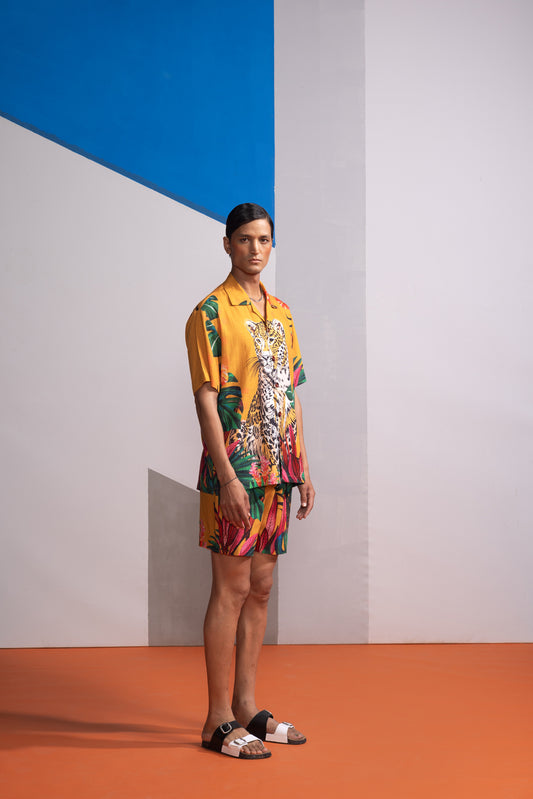 FERAL FLORA MUSTARD POLO SHIRT WITH SHORTS