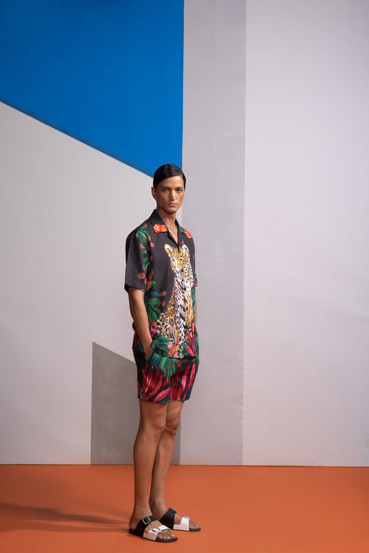 FERAL FLORA CHARCOAL POLO SHIRT WITH SHORTS