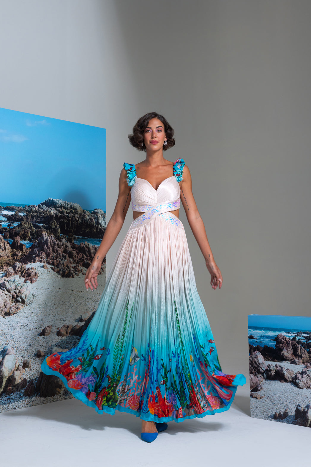 Seathrough Me Ivory Aqua Ombre Flared Chiffon Dress
