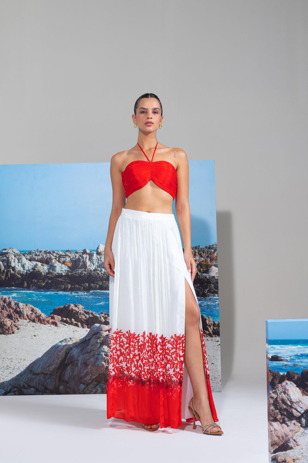 Tie Up Bustier With Slited Flared Skirt