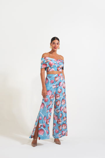 Shell Yeh Sky Blue Off-shoulder Corset With Slitted Pants