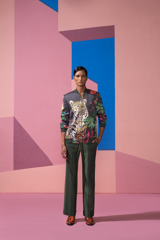 FERAL FLORA CHARCOAL BOMBER JACKET WITH RIBBED PANTS