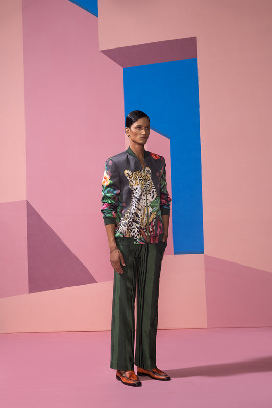 FERAL FLORA CHARCOAL BOMBER JACKET WITH RIBBED PANTS