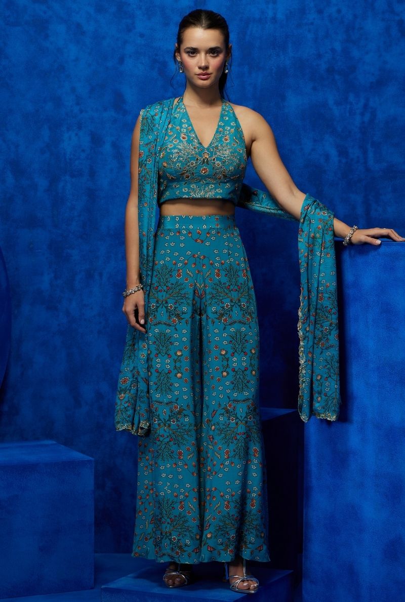 Celestial Petal-Halter Top with Wide Leg Trouser