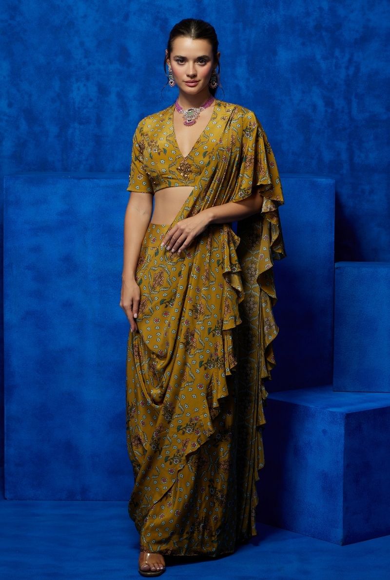 Petal Elegance- Mustard Drape Saree