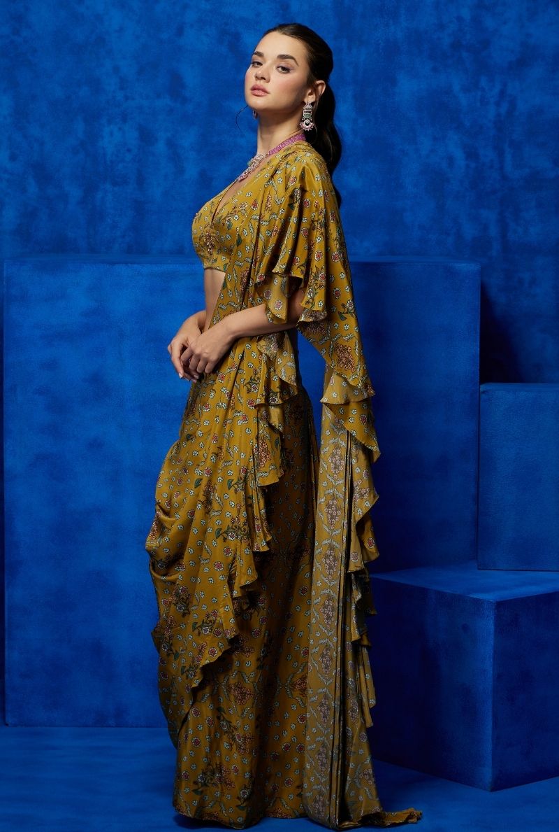 Petal Elegance- Mustard Drape Saree 1
