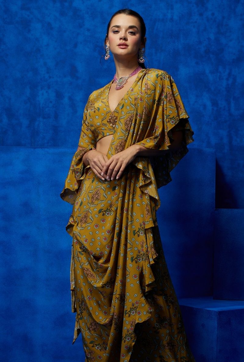 Petal Elegance- Mustard Drape Saree 3