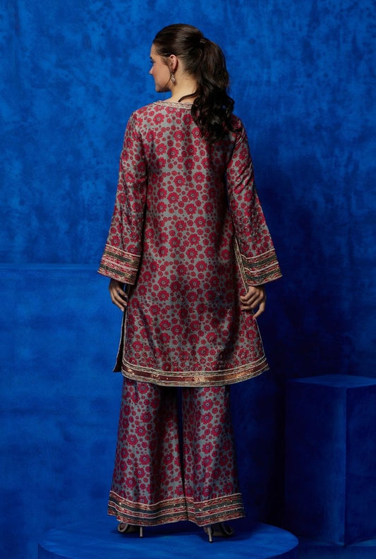 Pink High Slitted Tunic with wide Leg Pant - Petal Symphony