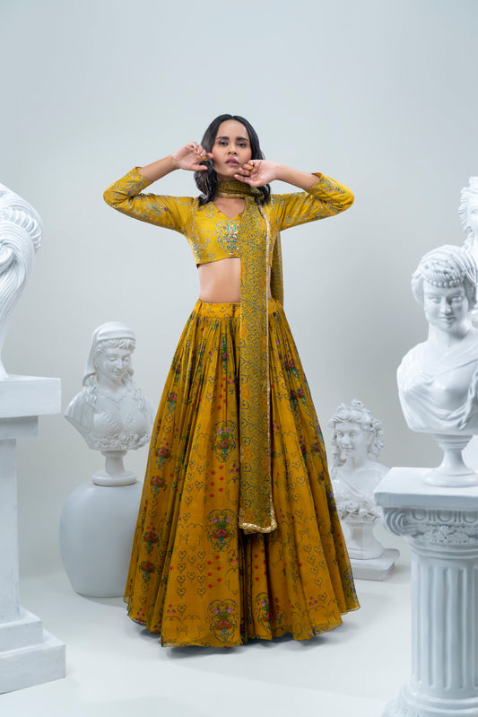 FLOWER PRINTED LEHNGA WITH SILK HAND EMBROIDERED DUPATTA