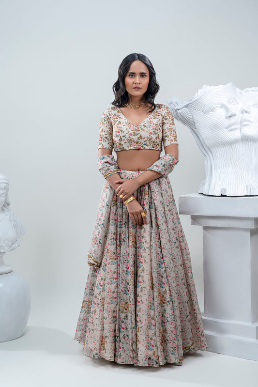 FLOWER PRINTED LEHNGA WITH SILK HAND EMBROIDERED DUPATTA