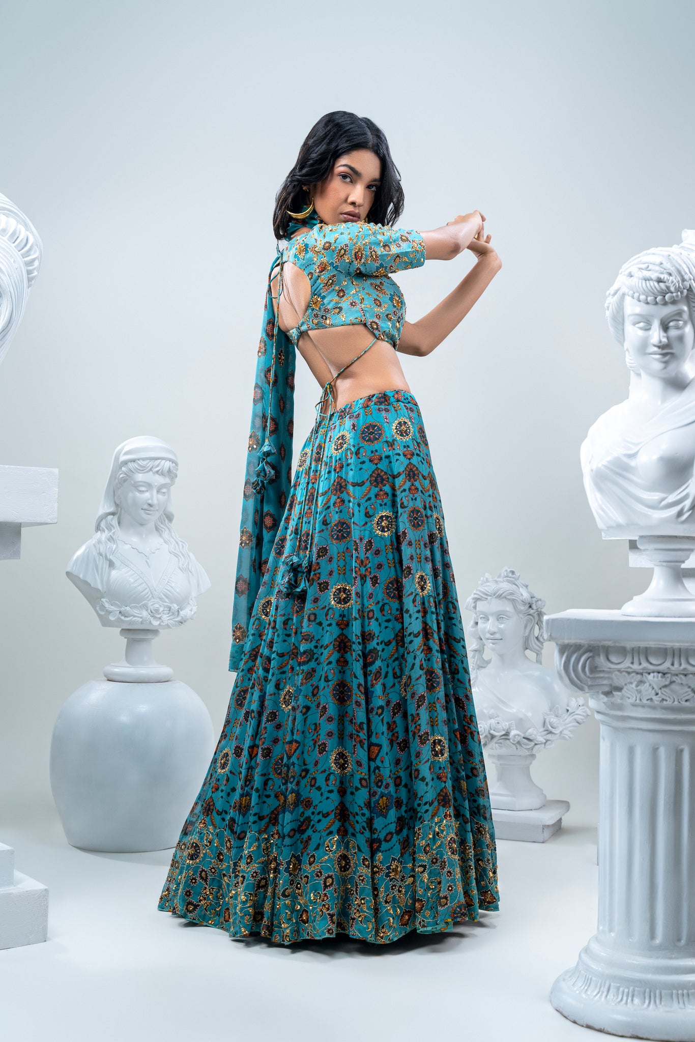 IZNIK PRINTED LEHNGA WITH SILK HAND EMBROIDERED DUPATTA