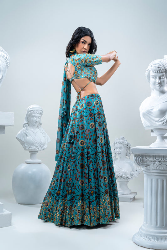 IZNIK PRINTED LEHNGA WITH SILK HAND EMBROIDERED DUPATTA
