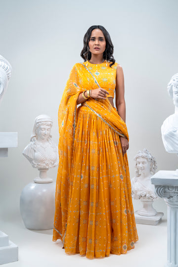 IKKAT PRINTED LEHNGA WITH SILK HAND EMBROIDERED DUPATTA