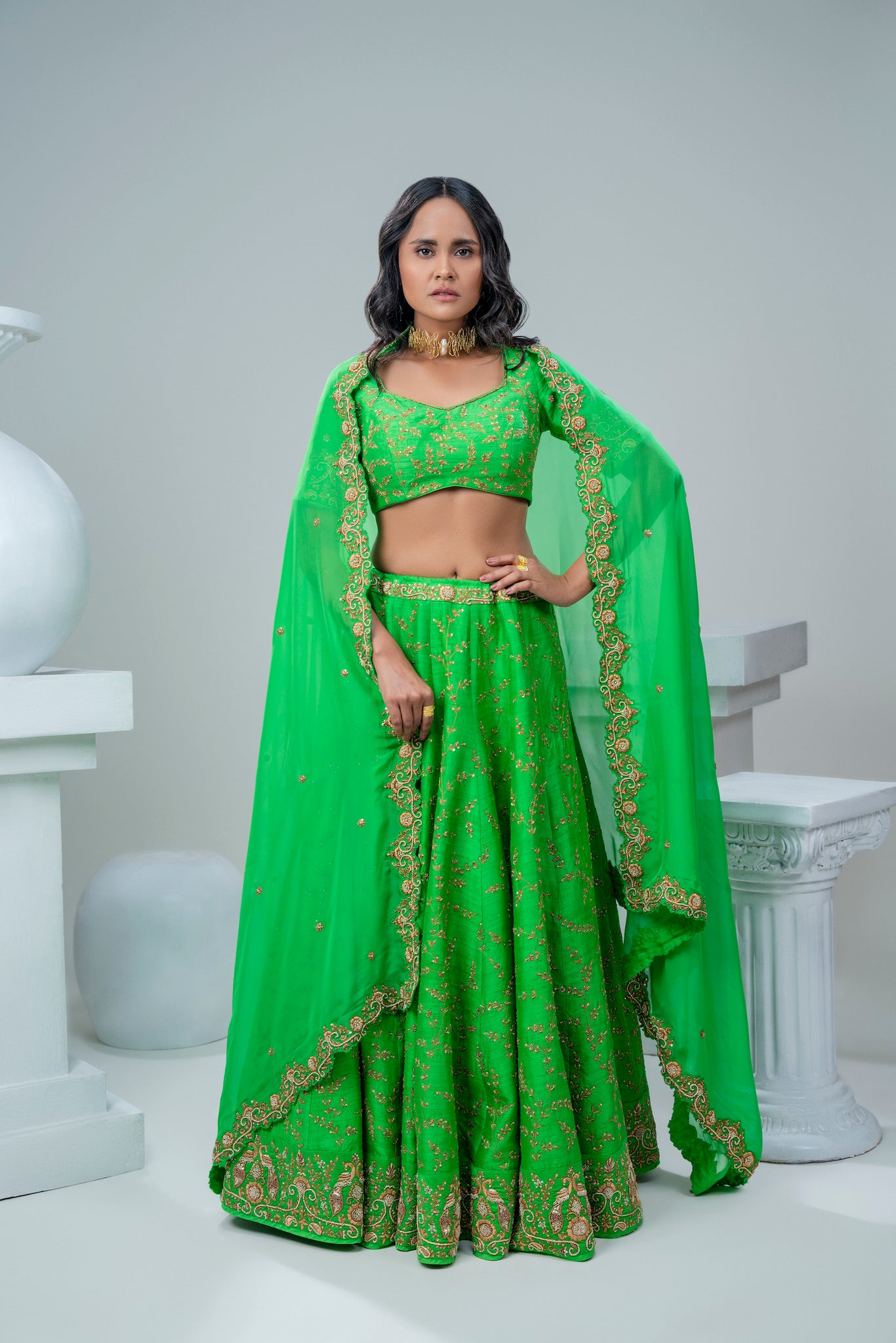 RAW SILK HAND EMBRIDERED LEHENGA WITH EMBROIDERED DUPATTA