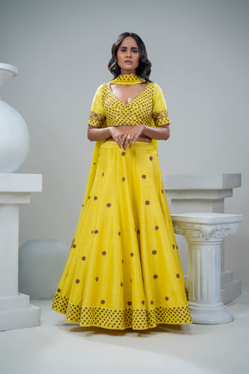 RAW SILK HAND EMBRIDERED LEHENGA WITH EMBROIDERED DUPATTA
