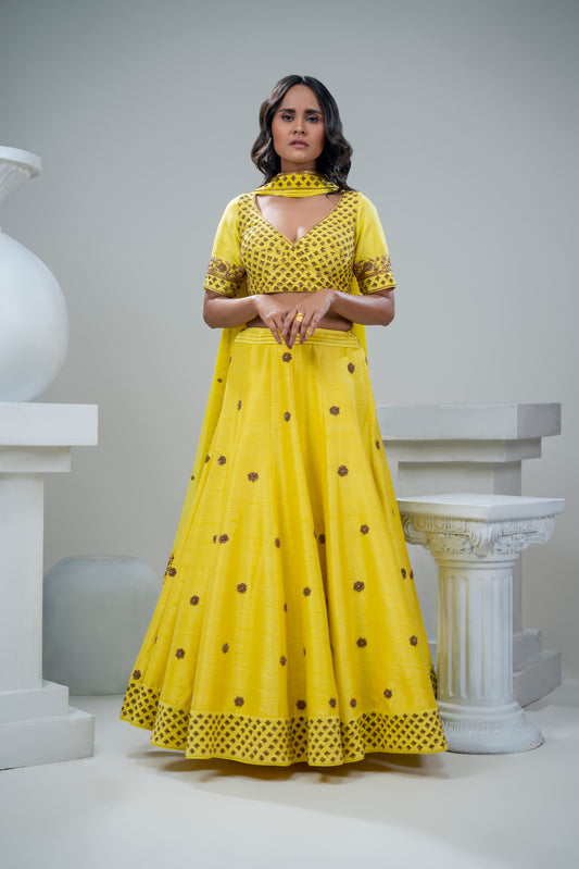 RAW SILK HAND EMBRIDERED LEHENGA WITH EMBROIDERED DUPATTA