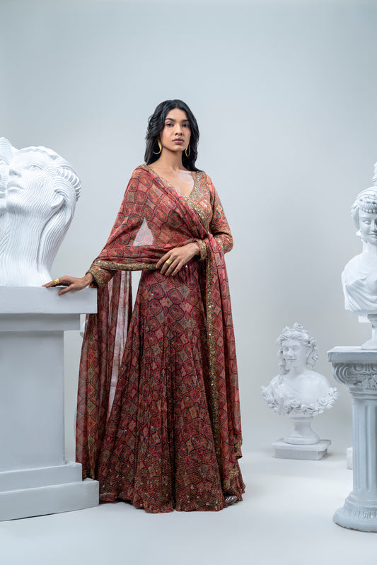 VINTAGE CARPET PRINTED LEHNGA WITH SILK HAND EMBROIDERED DUPATTA