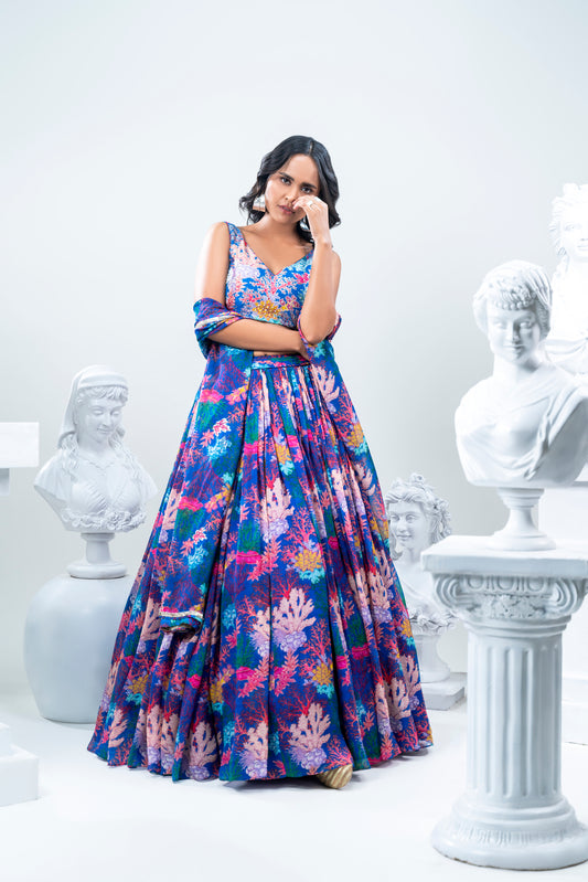 CORAL PRINTED LEHNGA WITH SILK HAND EMBROIDERED DUPATTA