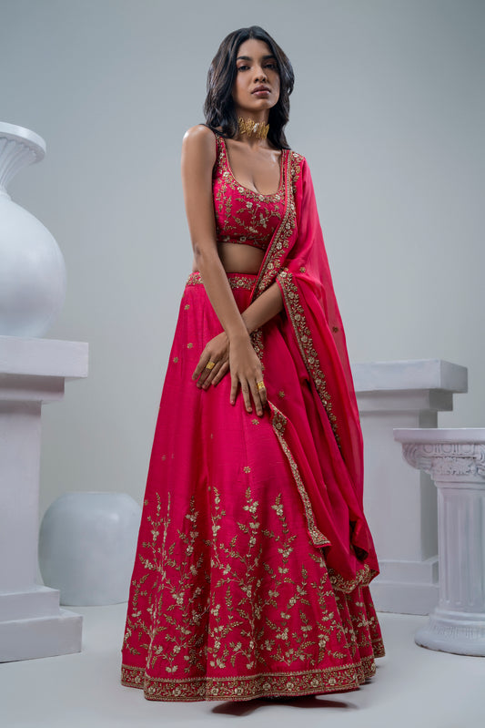 RAW SILK HAND EMBRIDERED LEHENGA WITH EMBROIDERED DUPATTA