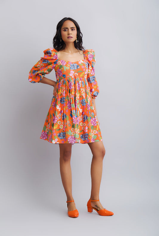 Printed Puffed Sleeved Gathered Dress - FLOWER POWER