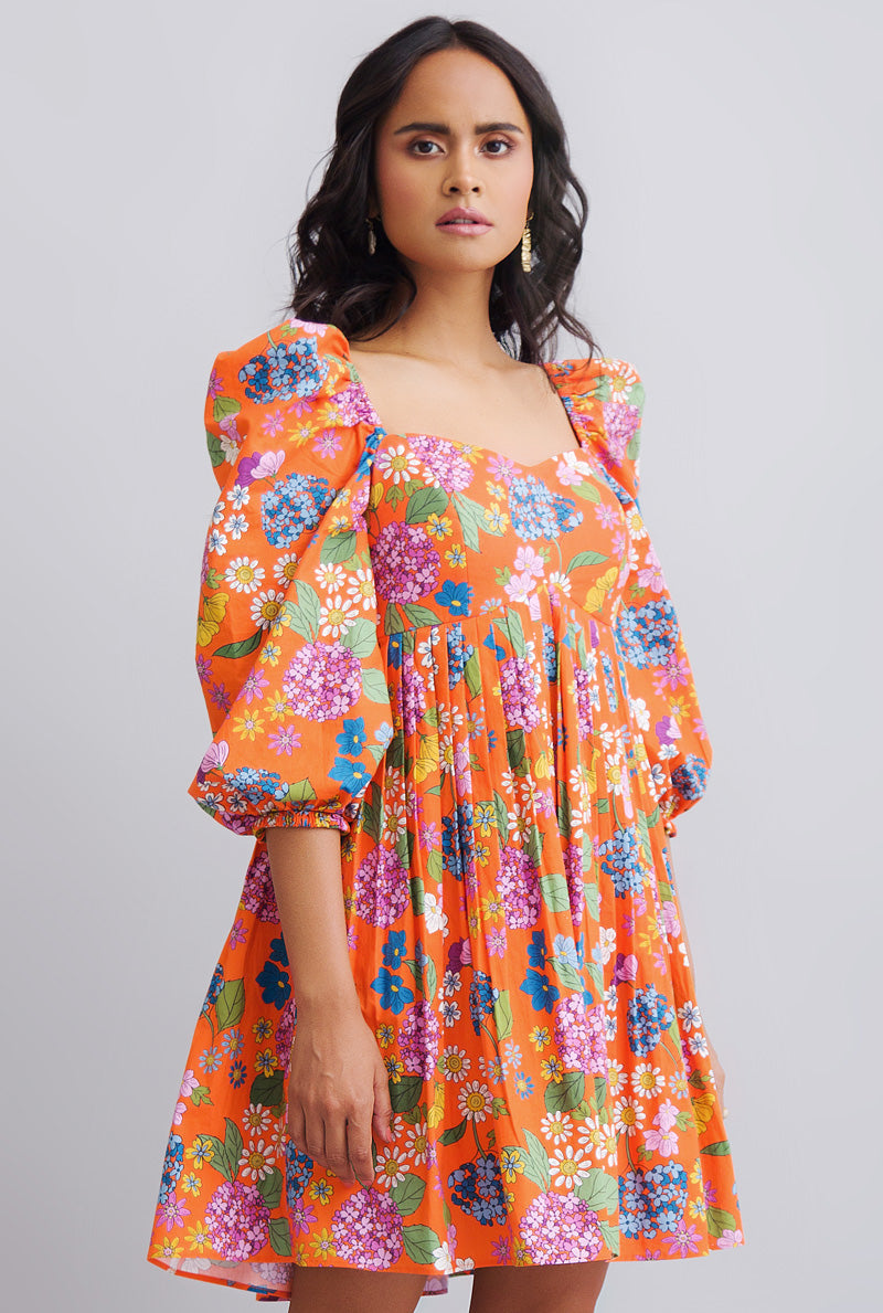 Printed Puffed Sleeved Dress - Women's Fashion Wear