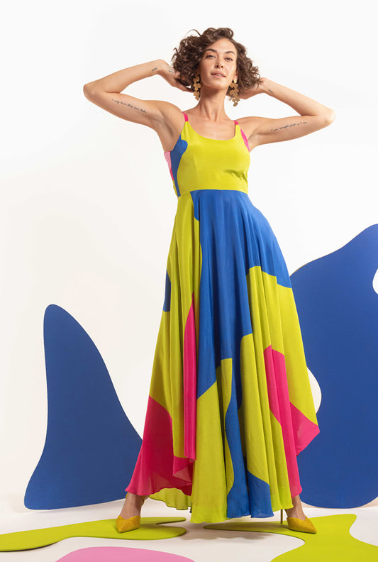 Lime-hot pink-blue Women Back tie up high low maxi  - DOPAMINE