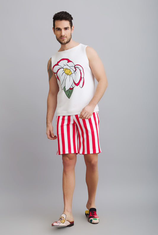 PRINTED SANDOS WITH STRIPPED SHORTS - WATERMELON SUGAR