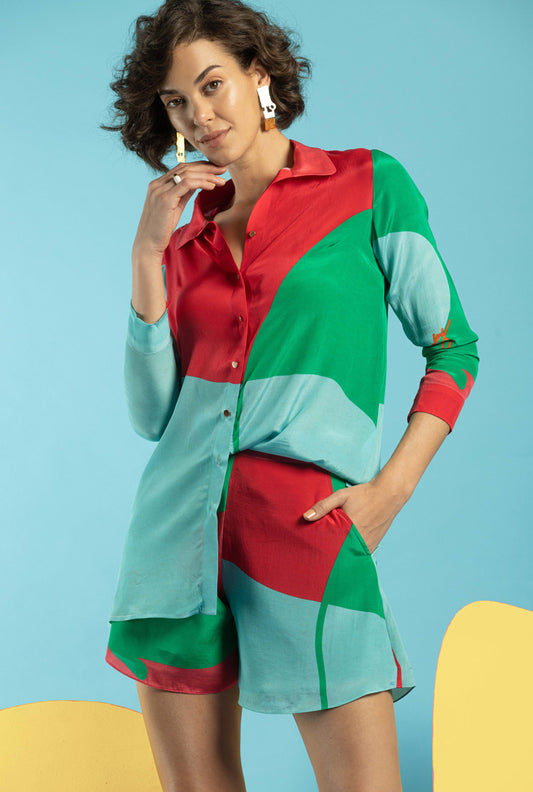 Powder Blue-Green-hot Pink Women Shirt+Shorts - SHORT UP