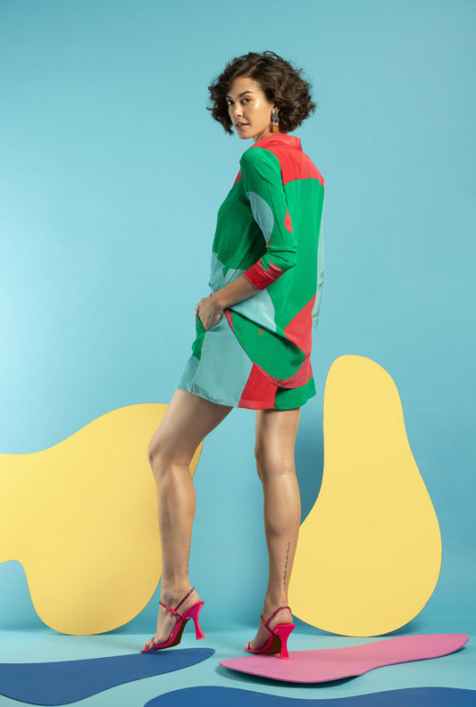 Powder Blue-Green-hot Pink Women Shirt+Shorts - SHORT UP