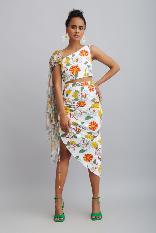 Pleated Ruched Detail Skirt With One Off Cropped Top With Net Drape - GOLDEN DAYS