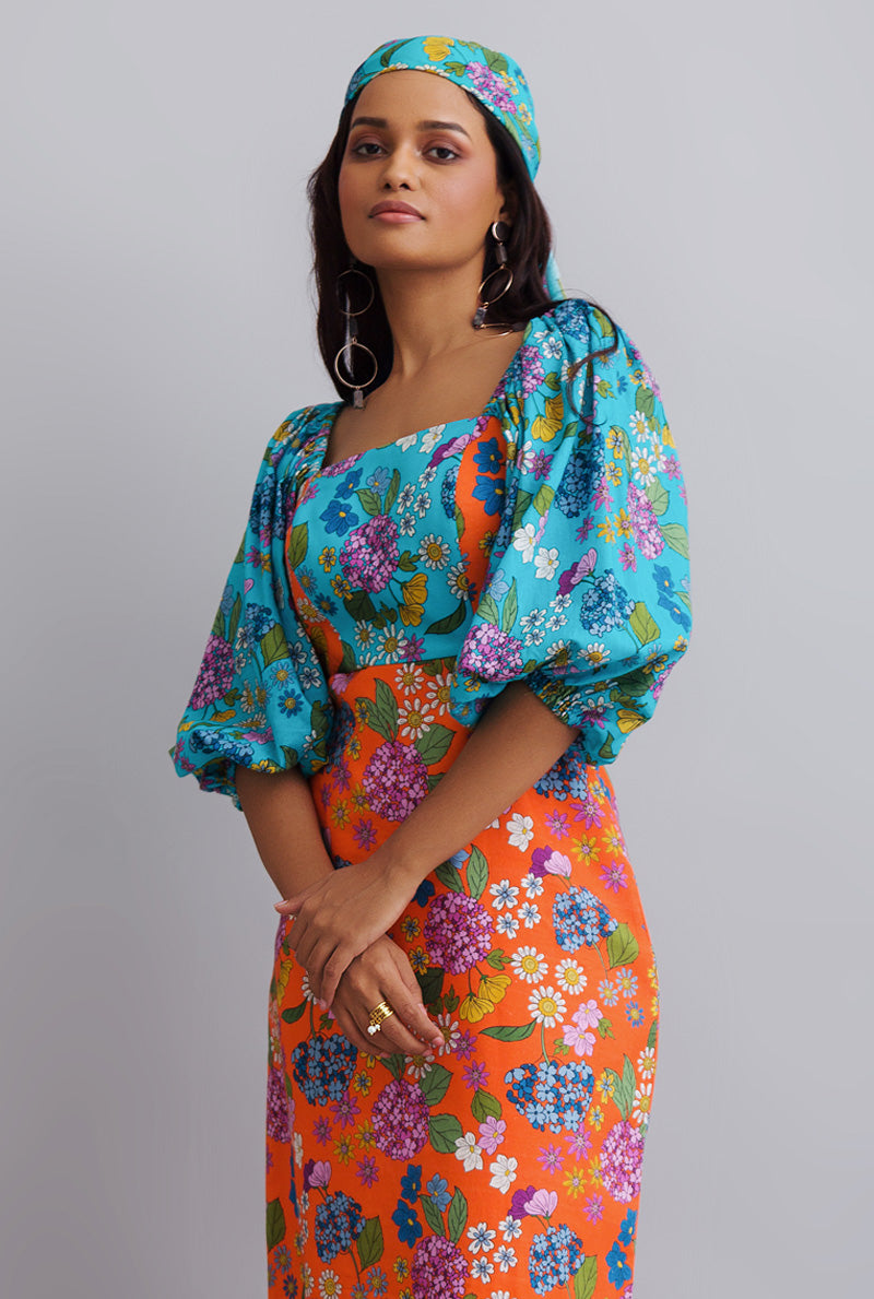 Puffed Sleeved Waist Cut Out Dress by Nautanky