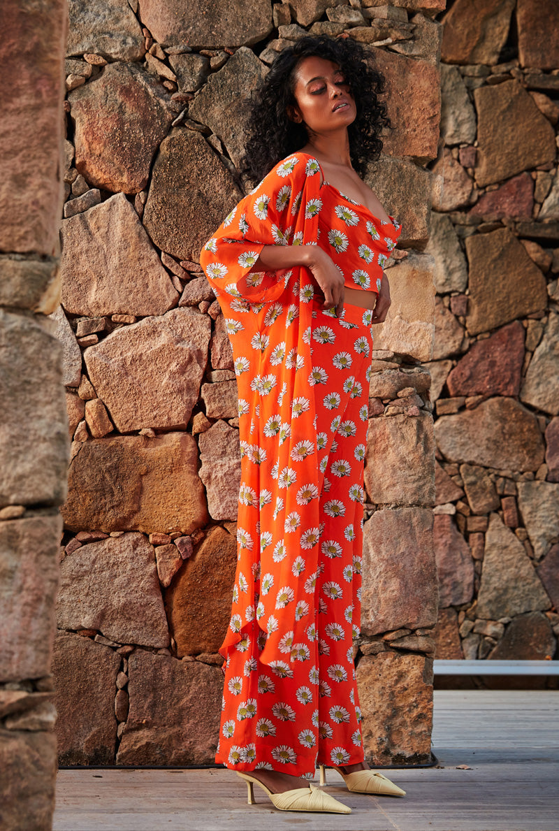 Orange Cape Co-Ord Set - Bell Bottom Pants
