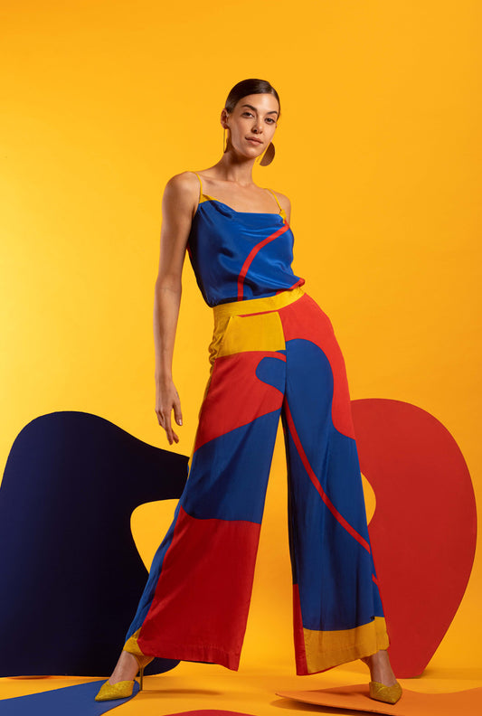 Blue-Red-Yellow Women Cami Cowl Top with Wide Leg Pants - CANDY CRUSH