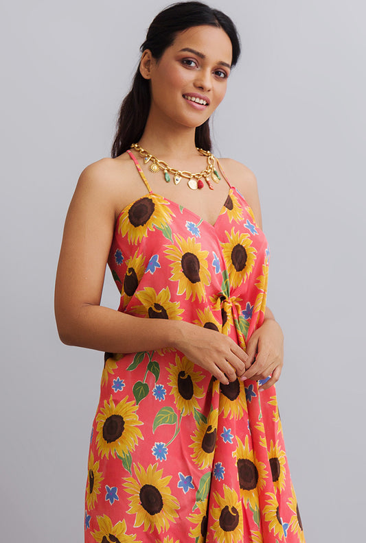 Sunflower Printed Drape Dress - LET’S GET FLOWERY