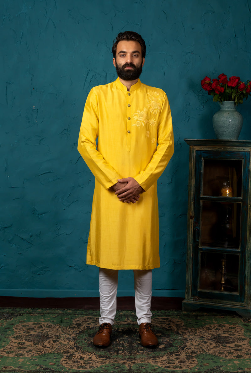 yellow embroidered kurta set