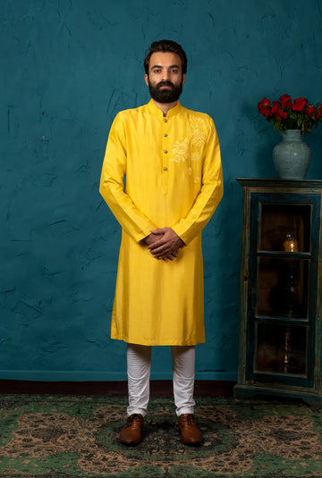 yellow embroidered kurta set