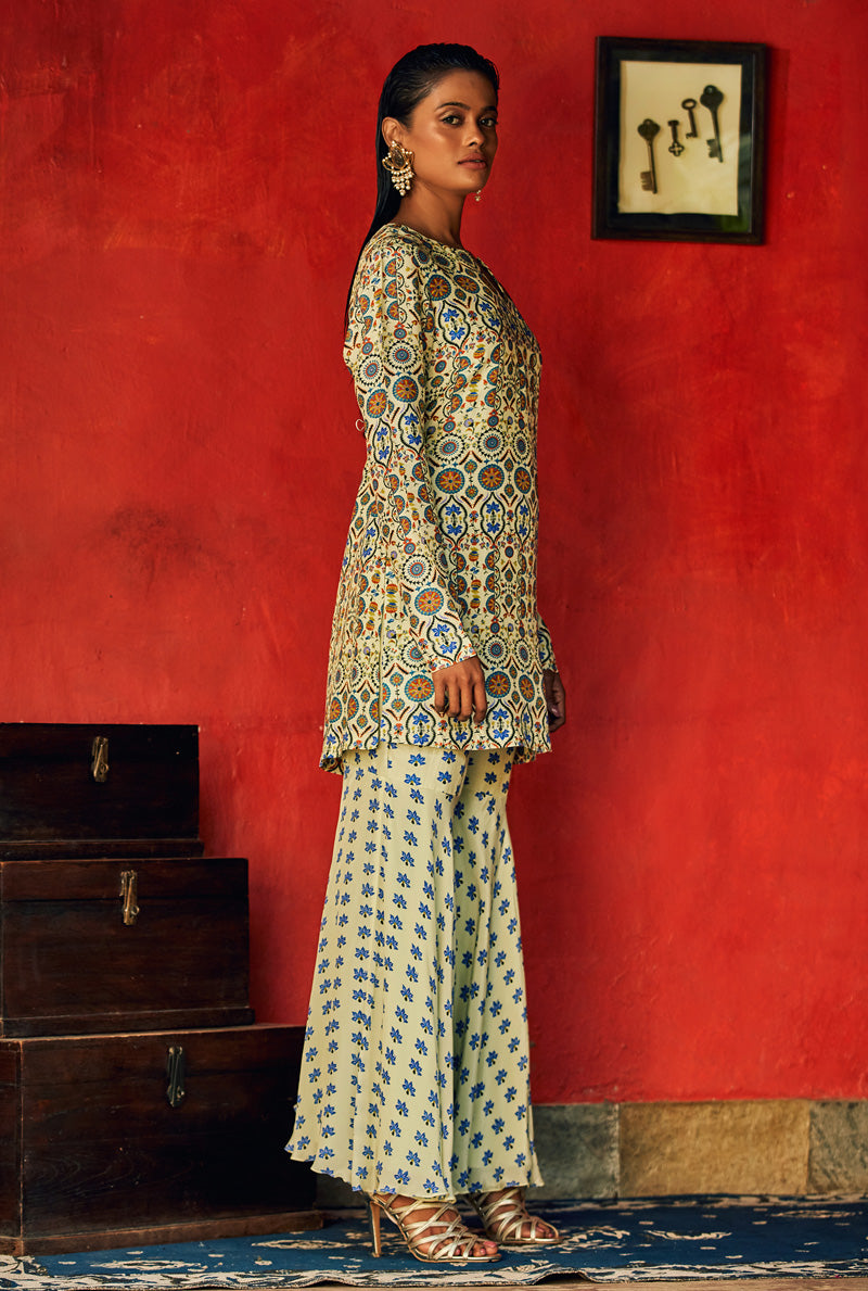 Beige White Kurta & Sharara - Women Designer Wear