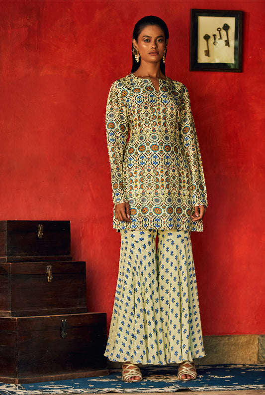Beige White Kurta With Sharara