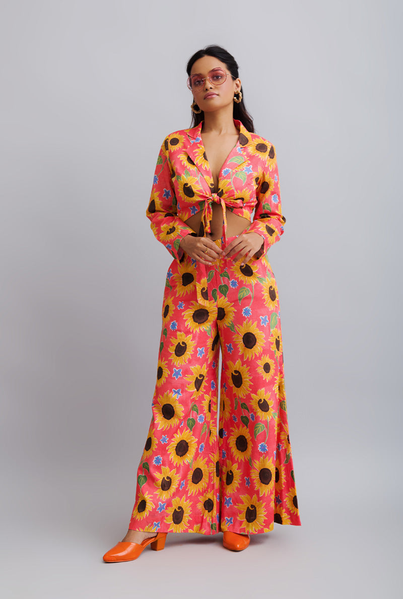 Sunflower Printed Tie Up Blazer with Flared Pants by Nautanky - Skipped to the Good Part