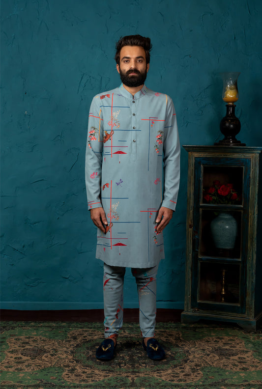 GREY BLUE PRINTED KURTA SET