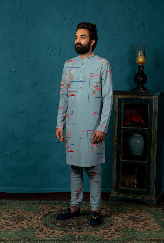 GREY BLUE PRINTED KURTA SET