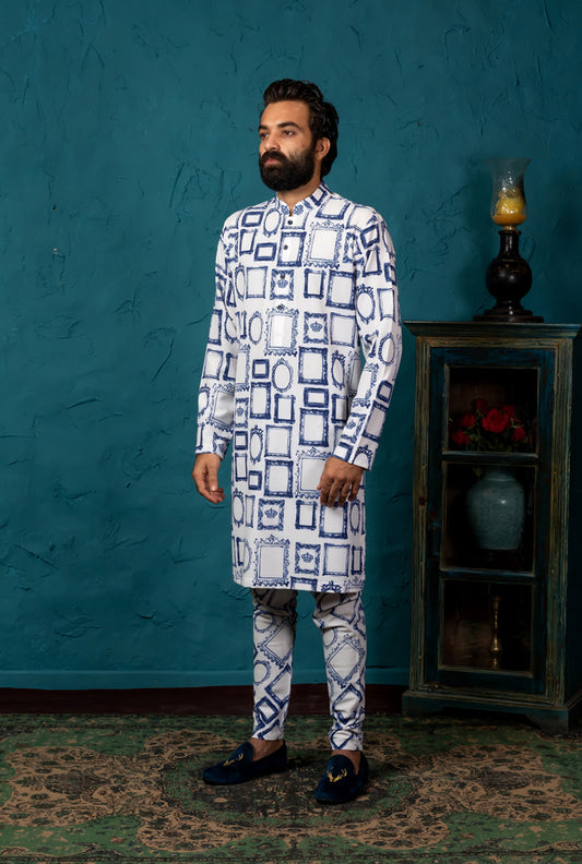 WHITE PRINTED KURTA SET