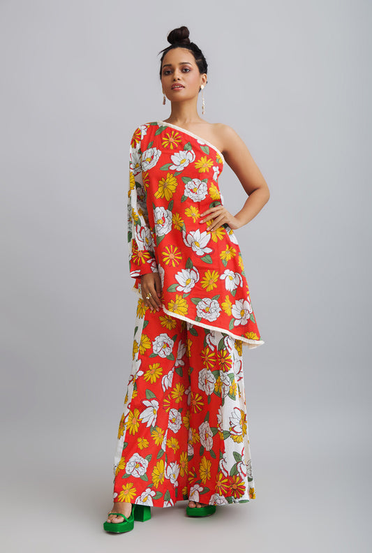 Printed One Shoulder Top With Half Anf Half Pants - HAPPY DAZE