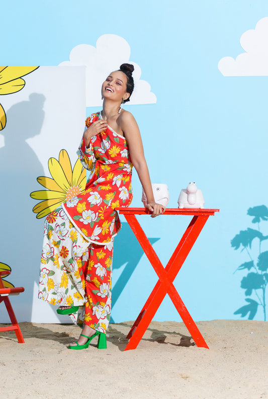 Printed One Shoulder Top With Half Anf Half Pants - HAPPY DAZE