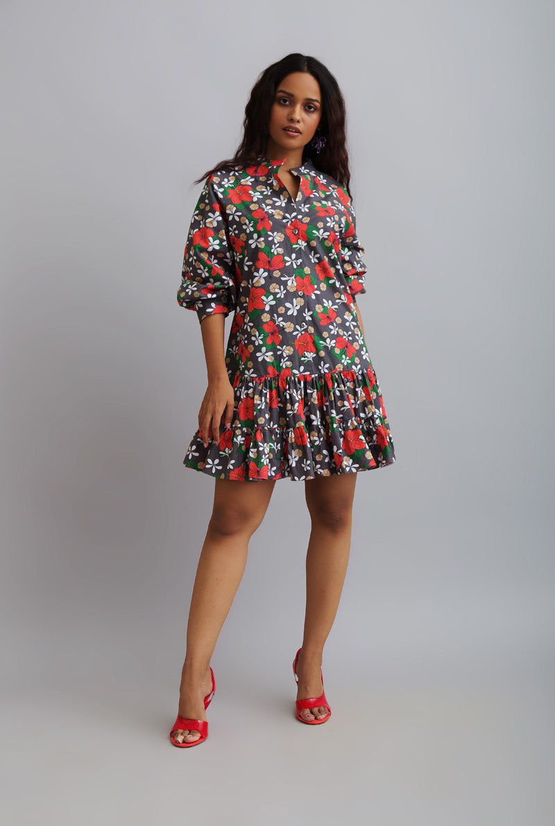 Printed Ruffle Shirt Dress Women