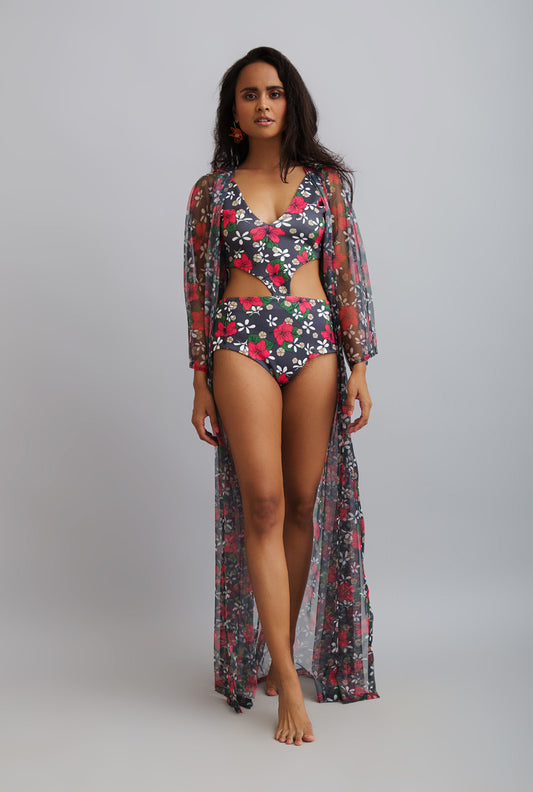 Printed Monokini With Drape - SEAS THE DAY