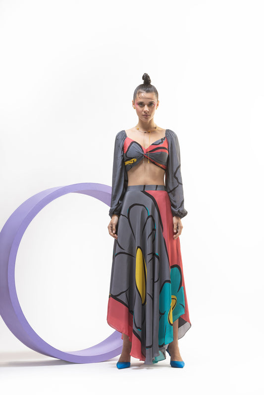 MESS EXPRESS - Flared Skirt With Puff Sleeved Crop Top