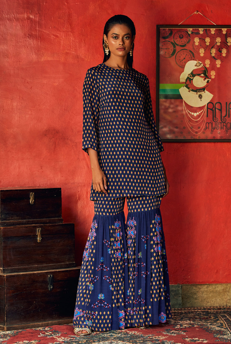 Midnight Blue Kurta with Sharara by Nautanky