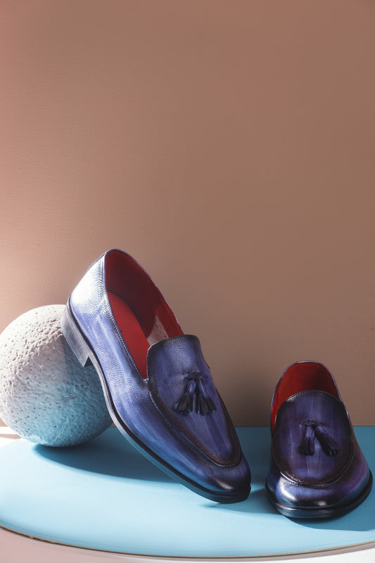 ITALIAN MOCCASIN WITH WOODEN FINISH- BLUE